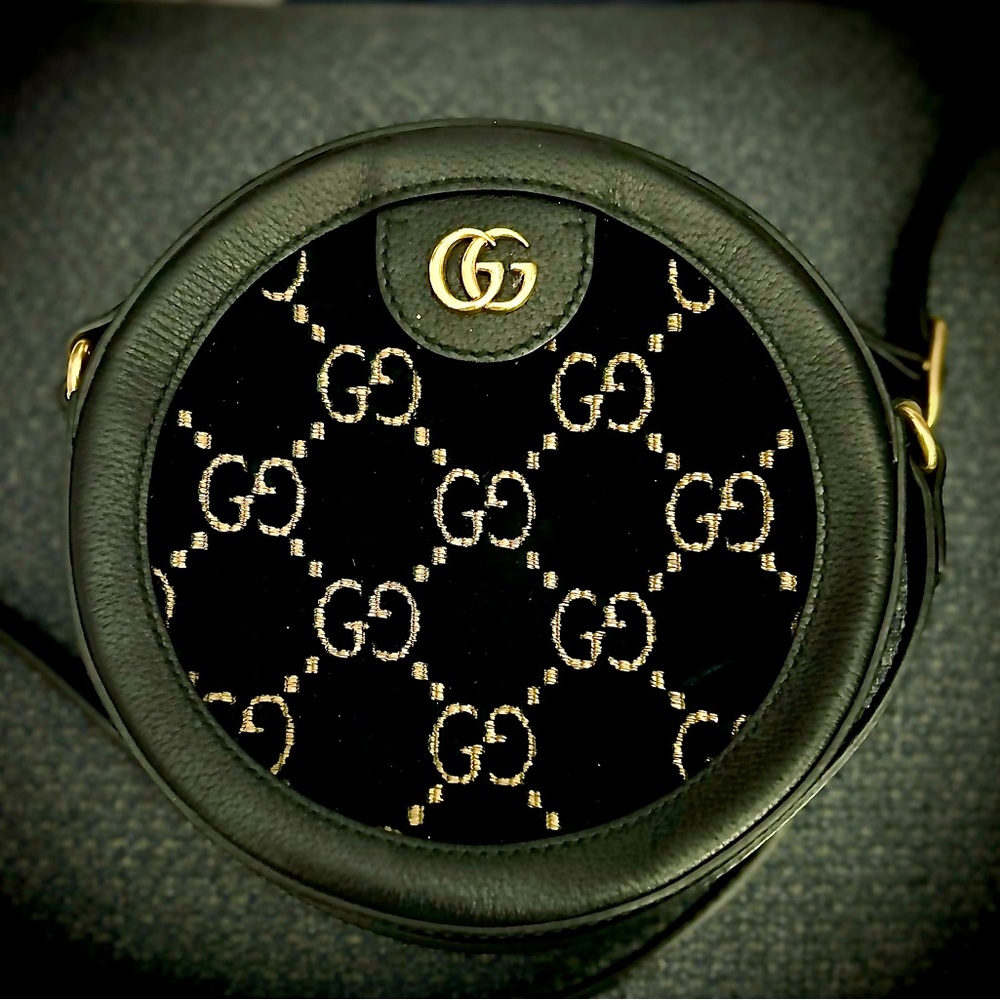 Gucci canteen bag, green velvet with gold cross stitch